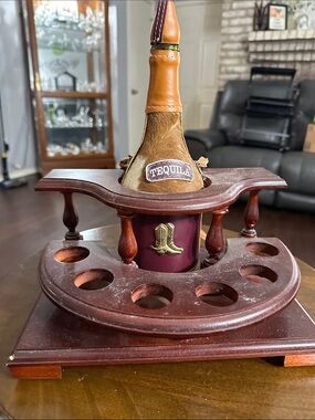 Wooden Tequila Bottle and Shot Glass Holder with Brown Leather Accents